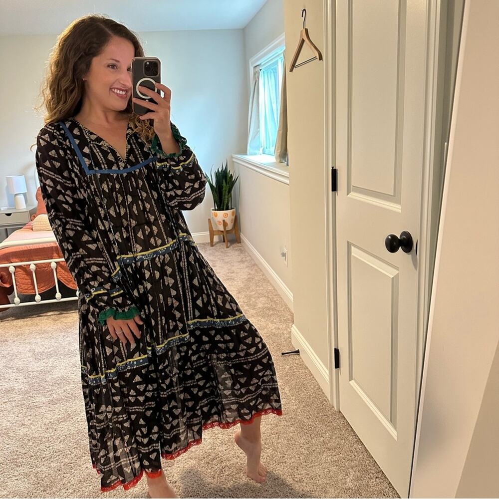Warm NY Black Ikat Colorful Block Printed Long Sleeve Maxi Dress Small - Picture 5 of 14